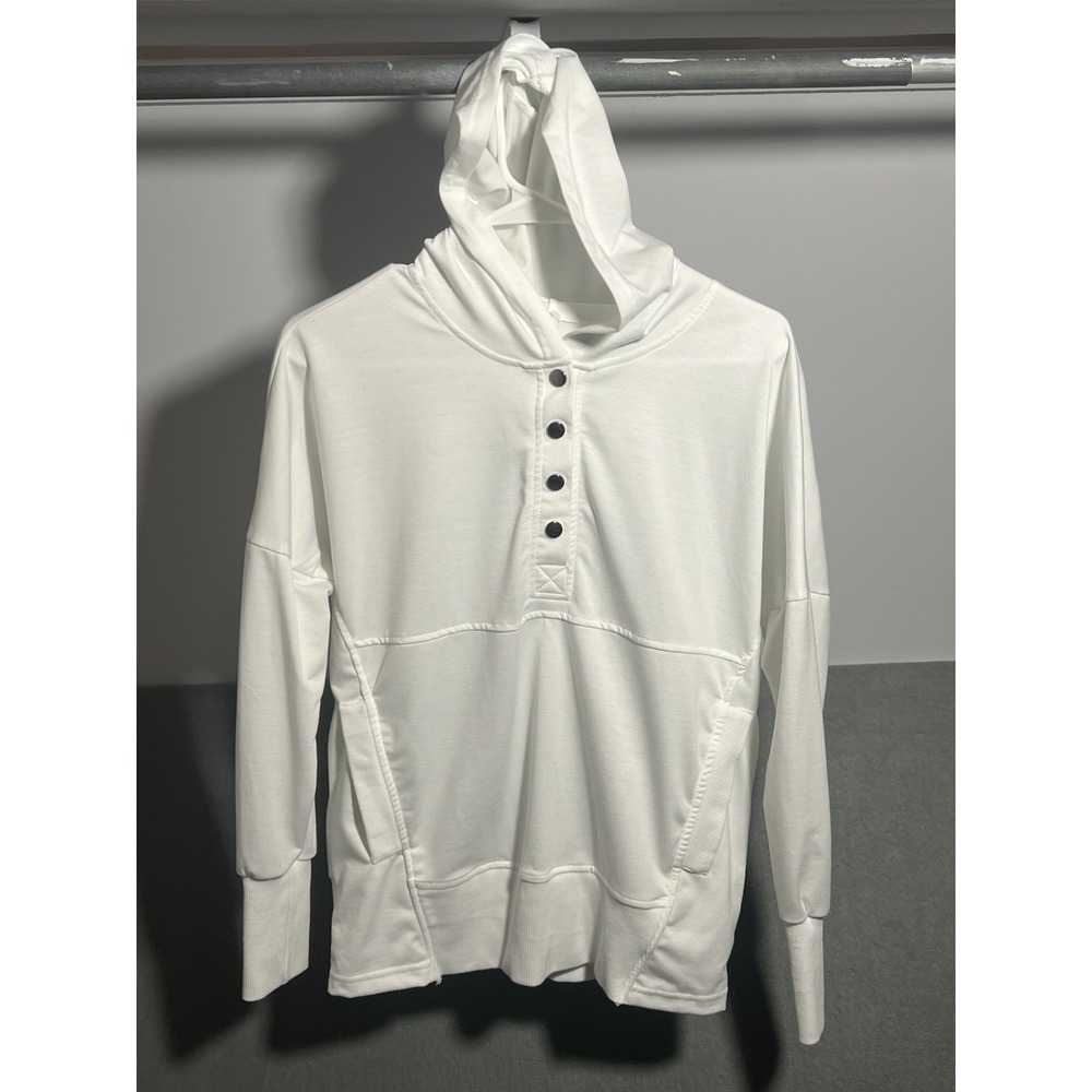 Women's White Hooded Sweatshirt Pullover with Snap Buttons & Pockets Size S